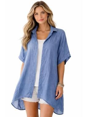 Rhea Blue Cotton Tunic Top One Size Oversized Collared Button Front Boho